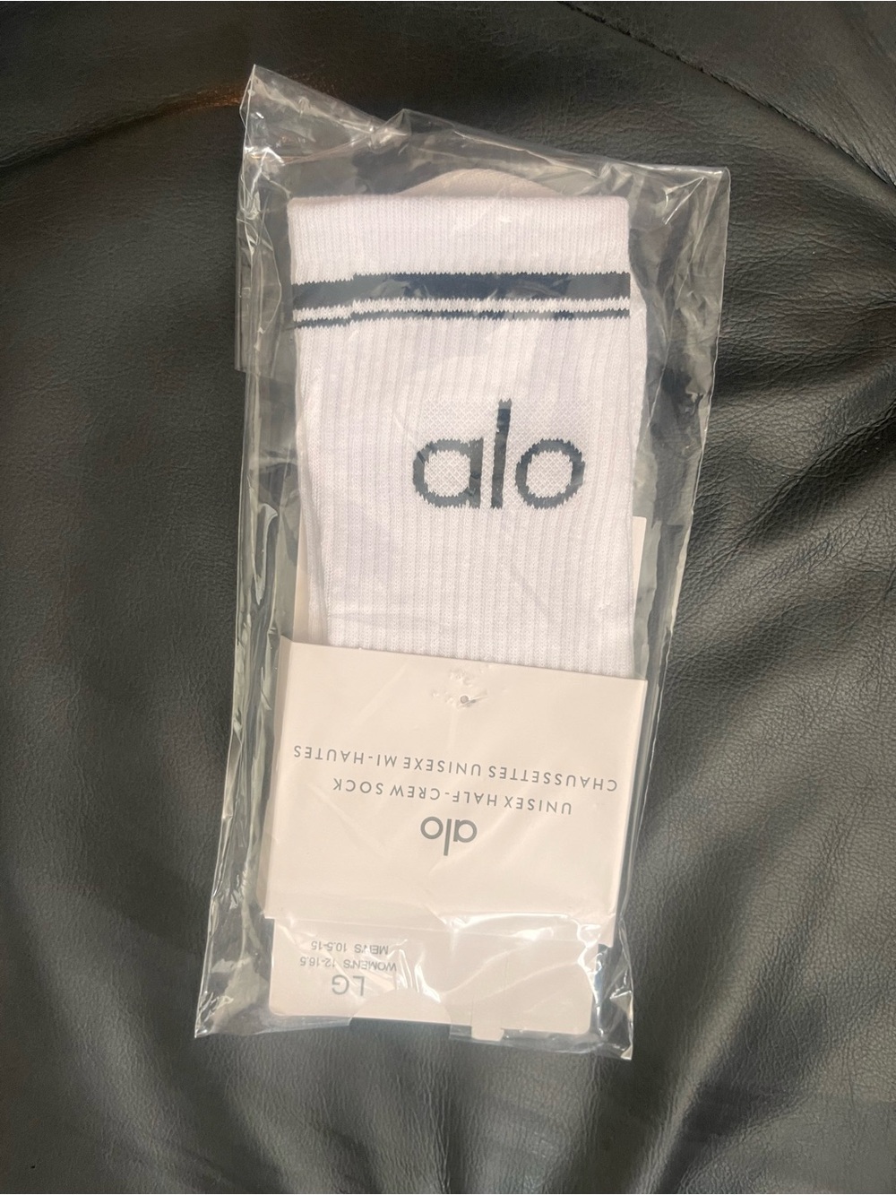 ALO Yoga White Athletic Crew Socks with Gray Logo and Stripe